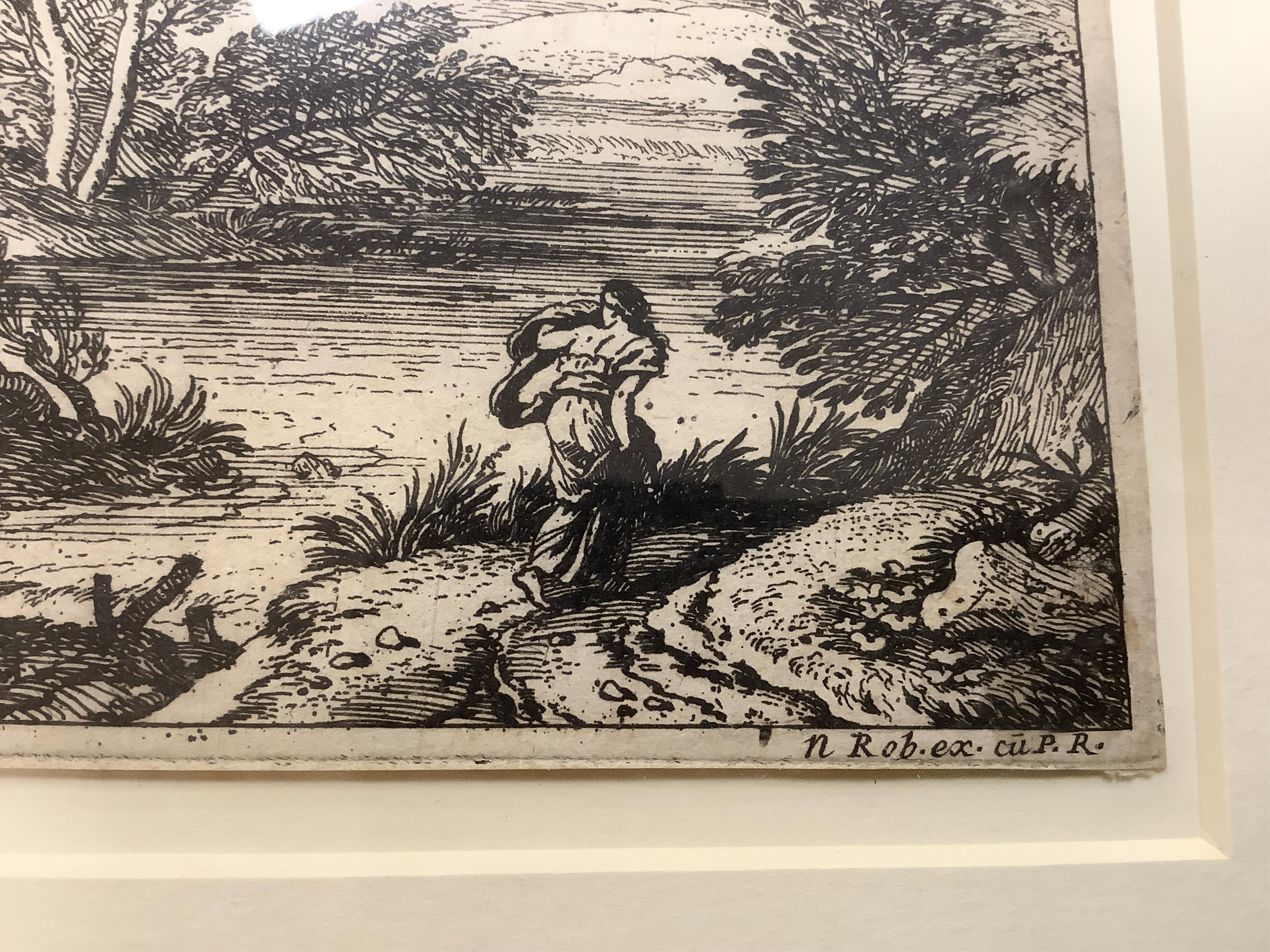 After Jonas Umbach the elder (German, 1624–1693), ‘Italian Landscape with Ruins’, etching and after Adriaen van der Cabel (Dutch, 1631-1705), Landscape with woman Walking Along the River’, etching, largest 15 x 23cm